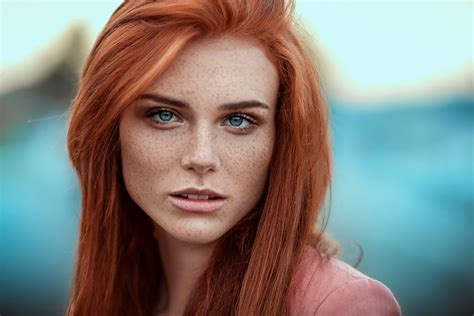 women blue eyes freckles redhead looking at viewer face port