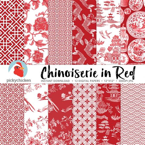 Chinoiserie Digital Paper Chinese Patterns Red And White Etsy Uk