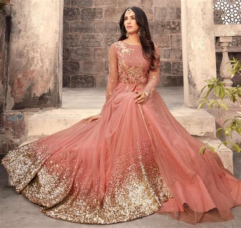 Buy Graceful Peach Colored Designer Embroidered Partywear Net Abaya
