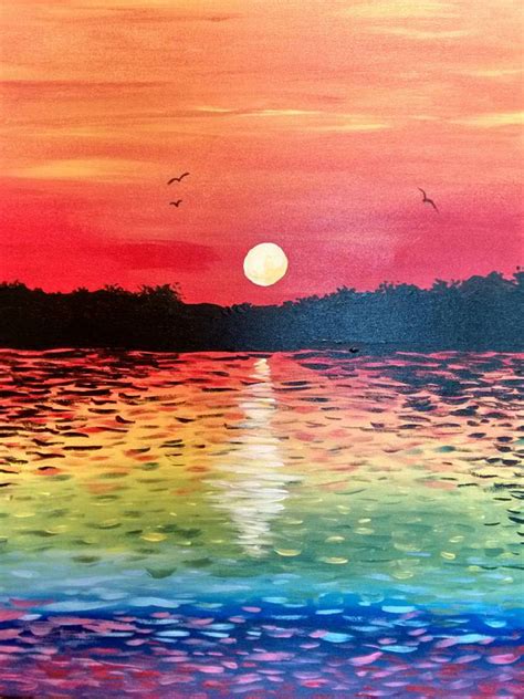 Paint Nite Sunset On Rainbow Lake Beginner Painting Idea With