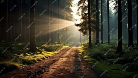 Premium Ai Image Enchanting Misty Forest Scenery With Golden Sunbeams