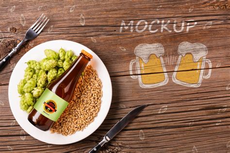 Plate With Beer Ingredients And Bottle Of Beer Free Psd File