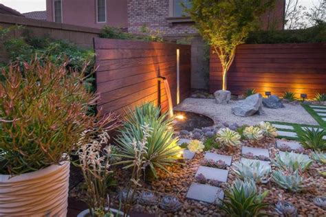 A Garden With Rocks Plants And Lights In The Middle Of Its Yard