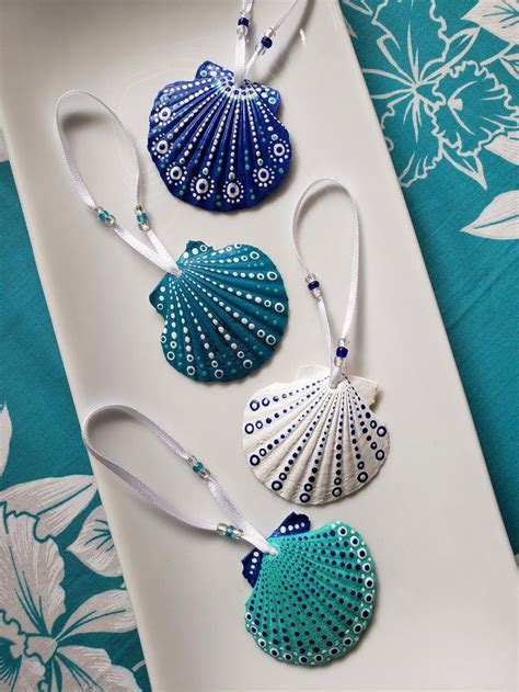 Scallop Shell Ornaments Hand Painted Blue White Teal Set Of Four