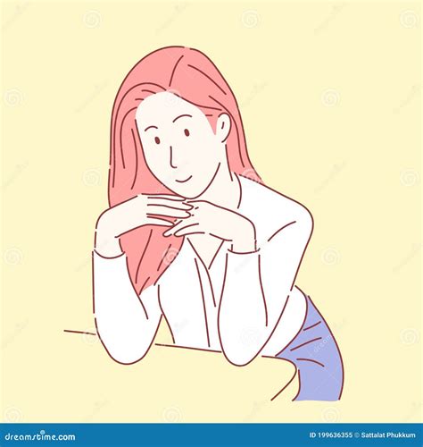 Pretty Woman Sitting With Table Hand Drawn Character Flat Style Stock