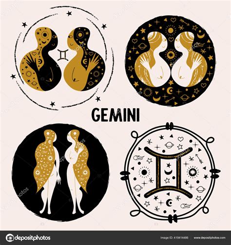 Gemini Zodiac Sign Two Girls Twins Set Astrologer Icon Constellation