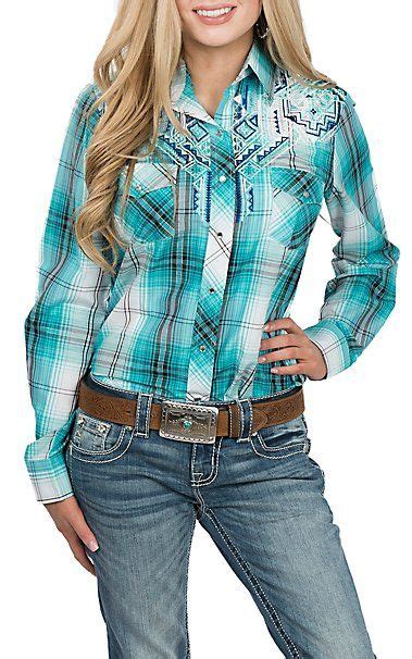 Cowgirl Legend Womens Turquoise Plaid W Embroidery Ls Western Snap Shirt Western Shirts