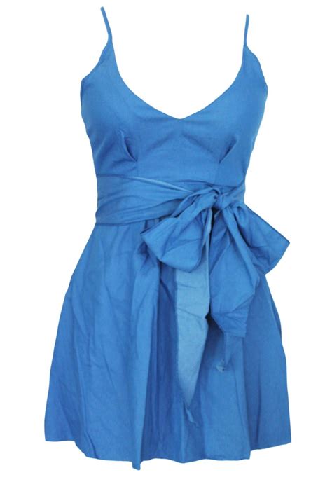 Hot Plunge V Strappy Denim Blue Skater Dress Online Store For Women
