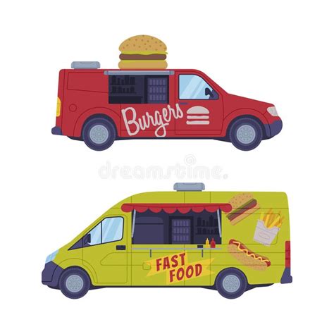 Set Of Dood Trucks Side View Of Vans For Hotdog And Fast Food Selling