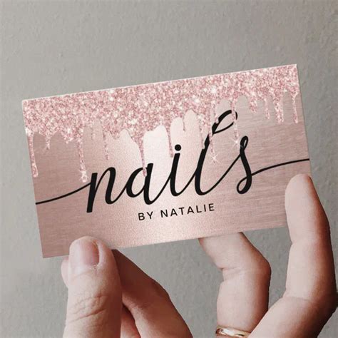 Nail Salon Rose Gold Glitter Drips Typography Business Card Zazzle