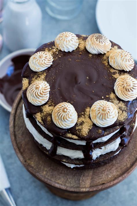 Chocolate Smores Cake With Homemade Marshmallow Fluff And Ganache