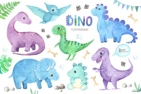Watercolor Dinosaurs Collection On Yellow Images Creative Store