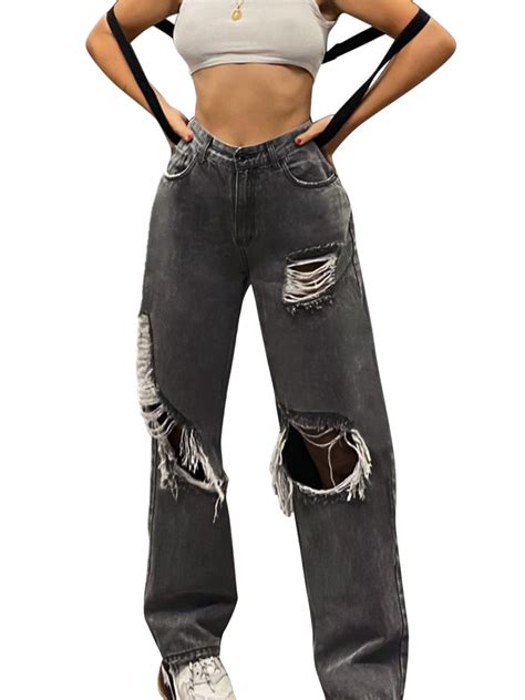 Eyiiye Women Ripped Jeans High Waist Denim Pants Y2k Wide Leg Baggy Streetwear Walmart Canada