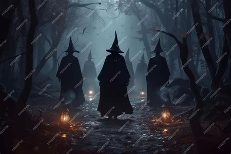 Premium Photo Witches In Black Cloaks Perform A Dark Ritual In An