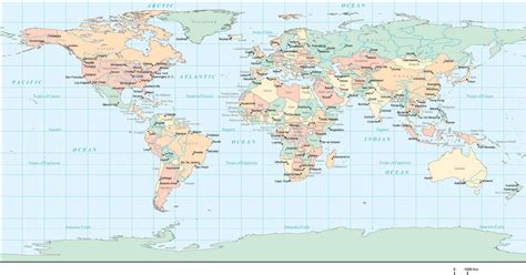 Rectangular Projection World Map With Countries And