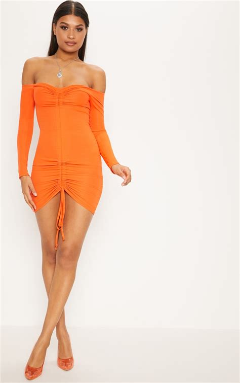 Orange Ribbed Long Sleeve Bardot Ruched Bodycon Dress Prettylittlething