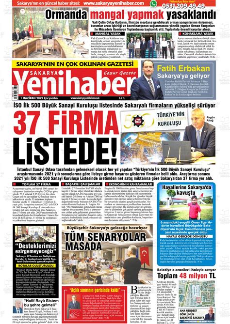 01 Haziran 2022 tarihli Sakarya Yeni Haber Gazete Manşetleri