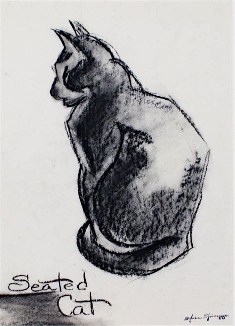 Sylvia Spicuzza Seated Cat Charcoal Drawing With Stamped Signature