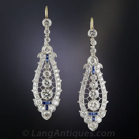 Art Deco Style Diamond And Sapphire Drop Earrings