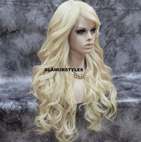 Human Hair Blend Full Wig Long Wavy Bangs Layered Bleach Blonde