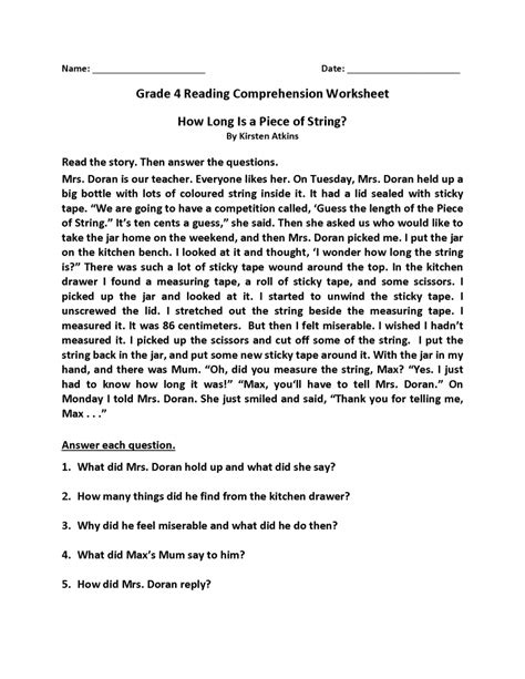 Reading Comprehension Year 4 - Thekidsworksheet