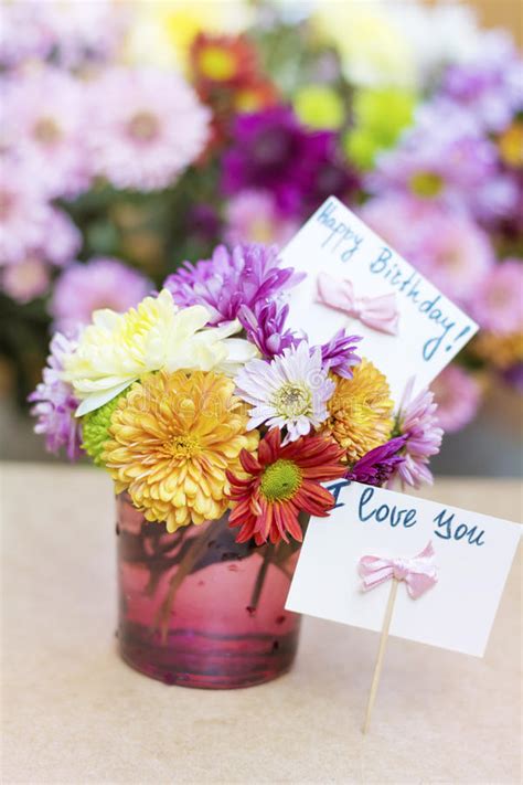 Happy birthday flowers card stock. Chrysanthemums Flowers In Purple Glass Vase With Happy ...