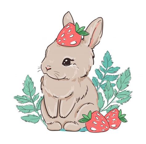 Premium Vector Cute Bunny With Strawberry Berry Sweet Illustration
