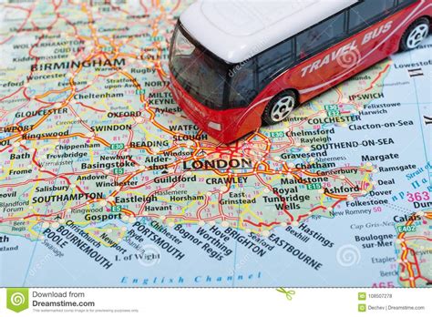 Model Of Travel Bus On The Map Of London Travelling By Bus Concept