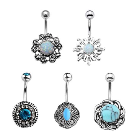 JOVIVI 5pcs 14G Stainless Steel Belly Button Rings Dangle Bar Jewelry