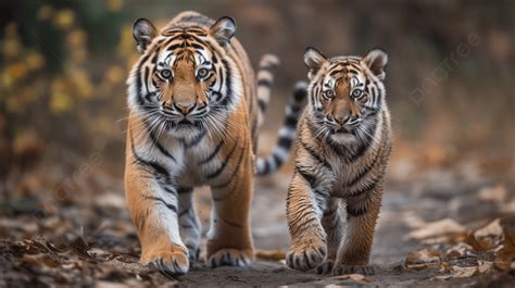 Two Bengal Tigers Walking Together In The Forest Background Amur Tiger