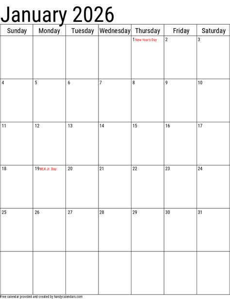 January 2026 Vertical Calendar With Holidays Handy Calendars