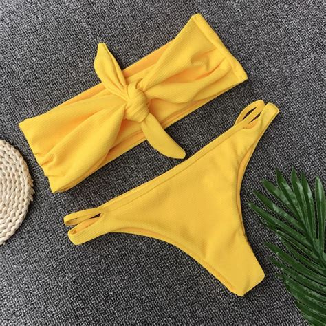 2018 New Women Bandage Bikini Set Sexy Yellow Push Up Padded Bra