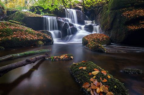 Autumn Leaves River Stones France Waterfall Cascade Brittany