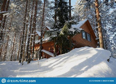 Lonely Wooden Log House Among A Winter Pine Forest Large Snowdrifts