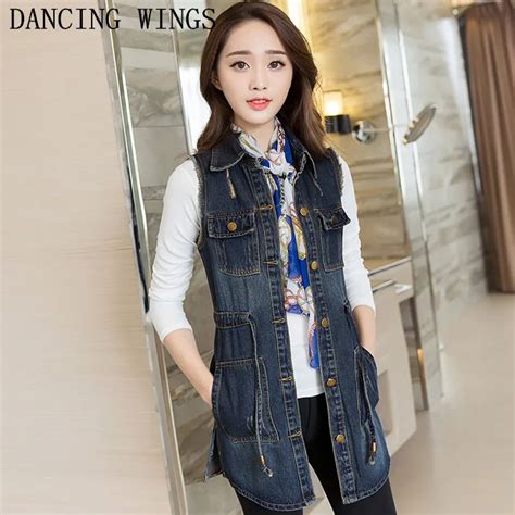 Medium Long Denim Vest Female 2018 Fashion Turn Down Collar Women Denim Vest Waistcoats