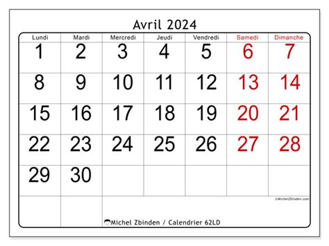 Calendrier Avril 2024 62ld Michel Zbinden Lu