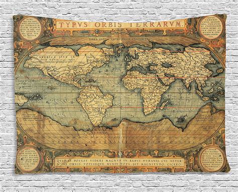 World Map Tapestry By Ancient Old Chart Vintage Reproduction Of Th Century Atlas Print Wall