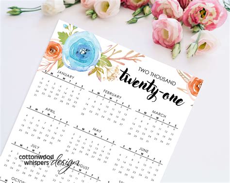 2021 Year At A Glance Calendar Blue Floral Printable Calendar