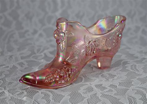 Fenton Glass Slipper Pink Carnival Iridescent Cabbage Rose Slipper Shoe