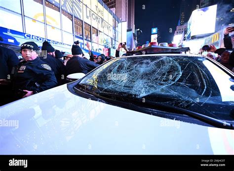 The Windshield Of An Nypd Vehicle Is Smashed After Demonstrators Clash