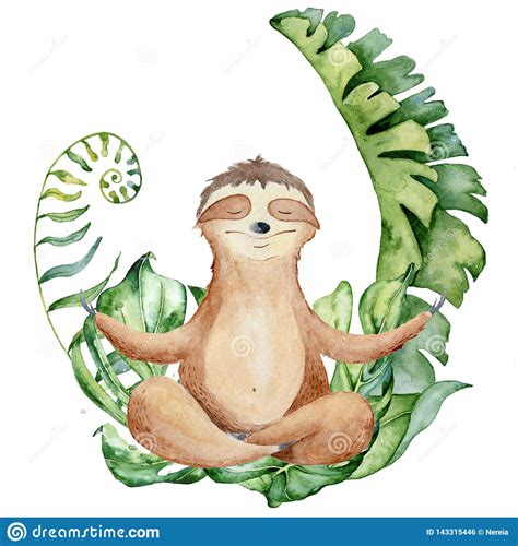 Watercolor Yoga Sloth In Lotus Position Cute Hand Drawn Illustration