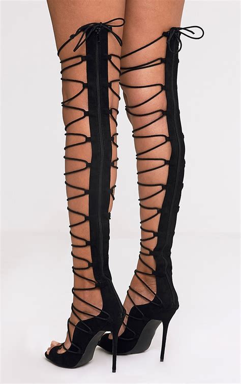 Colleen Black Thigh High Lace Up Heeled Sandals High Heels