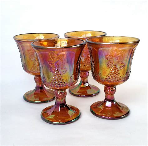 Set Of 4 Vintage Marigold Carnival Glass Goblets With Harvest Grape