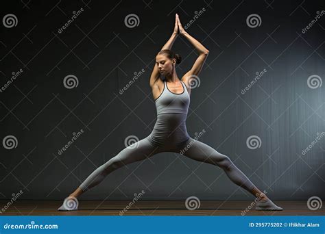 Young Woman Practicing Yoga Standing In Vrksasana Pose Young Woman Practicing Yoga In The