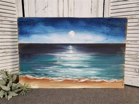 Beach Painting On Reclaimed Pallet Wood Night Sky With Moon Over Beac