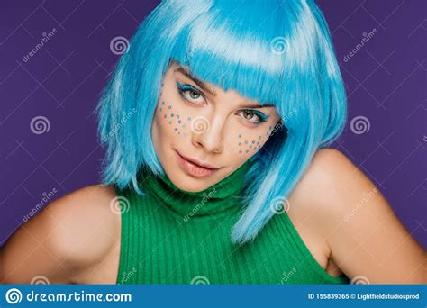 Beautiful Young Woman With Blue Wig And Stars On Face Isolated Stock