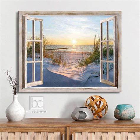 Beautiful Beach In The Morning Through Window Wrapped Or Framed Canvas