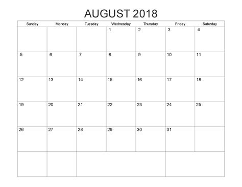 August Month Calendar 2018 Template August Month