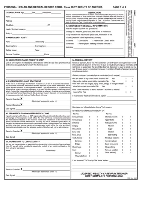 Camper Personal Health And Medical Record Form Class 3 Printable Pdf