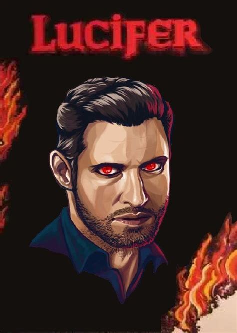 An Image Of A Man With Red Eyes In Front Of Fire And The Words Lucifer